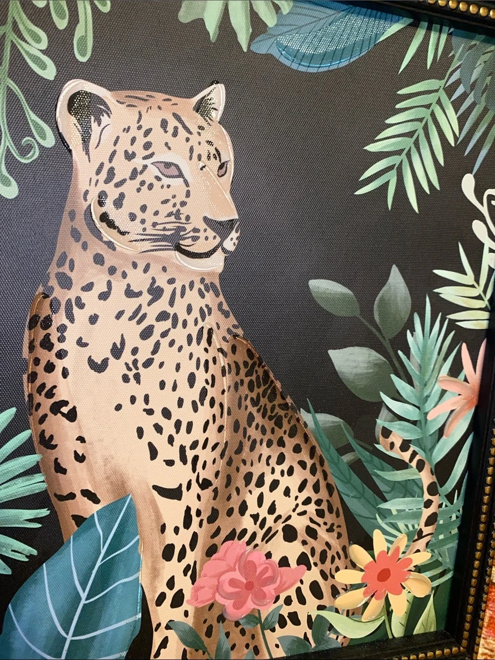 Framed Tan Leopard Jungle Print with Green Foliage